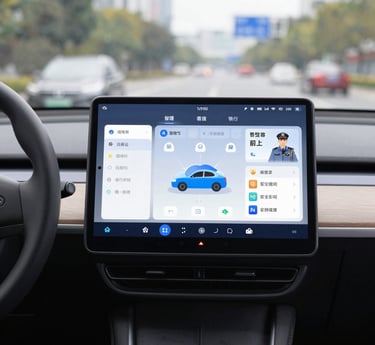 A digital dashboard showing vehicle status and document management interface.