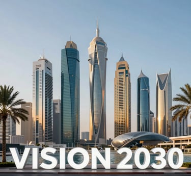 Modern city skyline with Vision 2030 text and futuristic architectural buildings and palm trees.