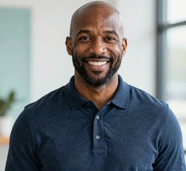 An abstract geometric design with interlocking shapes in deep blue and teal, symbolizing clarity and structured growth.