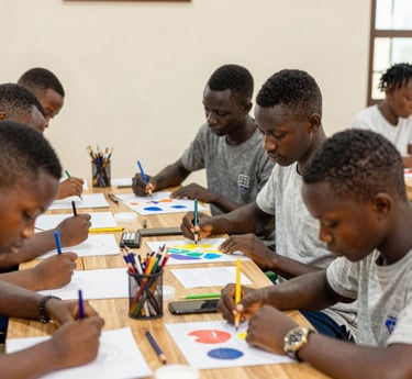 A sleek, minimalistic gallery space showcasing bold African artworks under soft lighting.