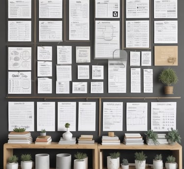 A cozy workspace with a printed planner, colorful coloring book pages, and a laptop displaying Shopkieta's digital products.