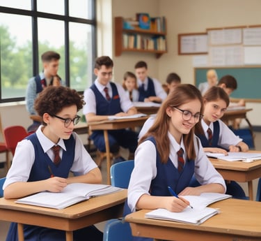 Animated illustration of a student joyfully solving problems on a digital tablet, surrounded by floating educational icons.
