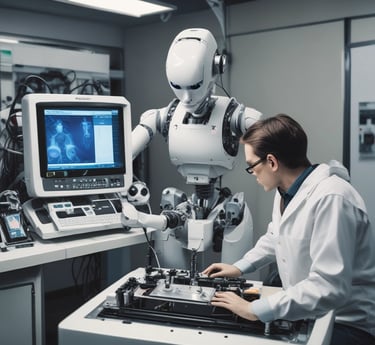 A biomedical equipment technician using a tablet with AI-powered diagnostics in a hospital setting.