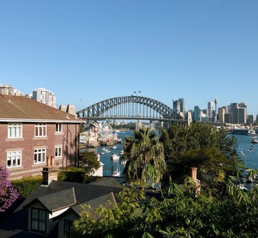 Panoramic view of the Sydney Harbour Bridge and city skyline over North Sydney