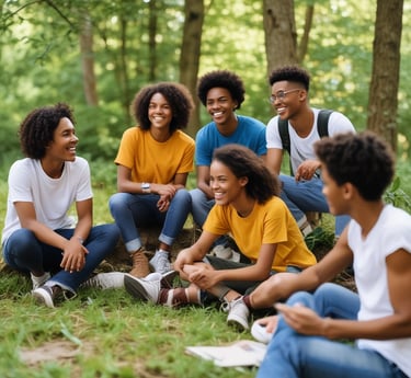 A warm community gathering with families sharing food and smiles in a sunny park.