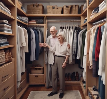 A caring professional gently assisting a senior client with organizing cherished keepsakes in a cozy home setting.
