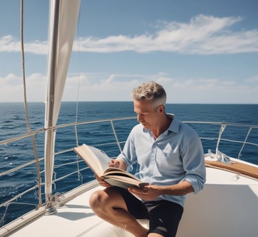 a man reading a book on a yatch with the ocean as back ground and a blue sky