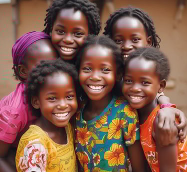 Children smiling and playing together in a safe, colorful home environment at Orphanaid Kenya.