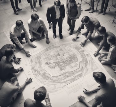A construction site with workers coordinating on a new residential building under a clear blue sky.