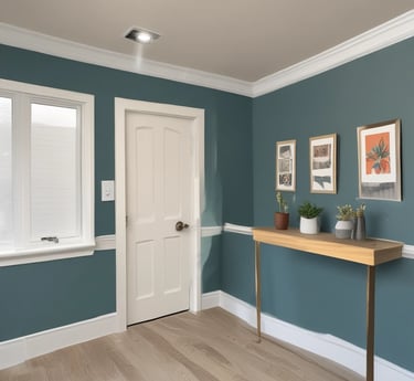  bright blue paint on a cozy living room wall.