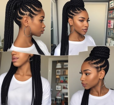 A smiling Afro hairdresser styling a client's hair in a cozy home setting.