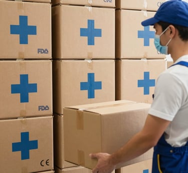 Modern medical equipment and wellness products displayed in a clean, minimalist setting with blue and green accents.