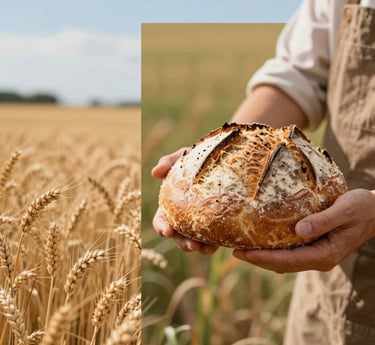 A warm bakery scene showing a baker shaping dough with fields of wheat visible through the window.