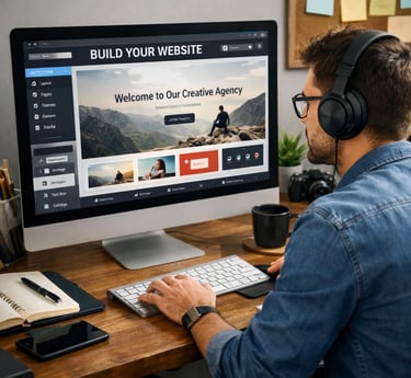 a man sitting at a desk with a computer and headphones