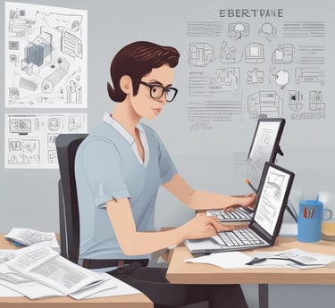 A diverse group of people happily using educational software on various devices.