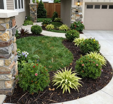 A vibrant garden with lush greenery and colorful flowers in a modern Saudi home setting.