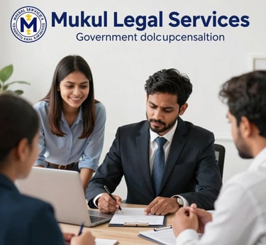 A professional lawyer consulting with clients over legal documents in a bright, modern office.