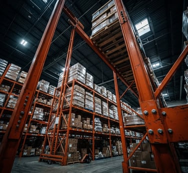 Low-angle shot looking up at a massive, fully loaded industrial warehouse racking bay, heavy-duty orange steel beams, structural bolts, cool high-contrast warehouse lighting.