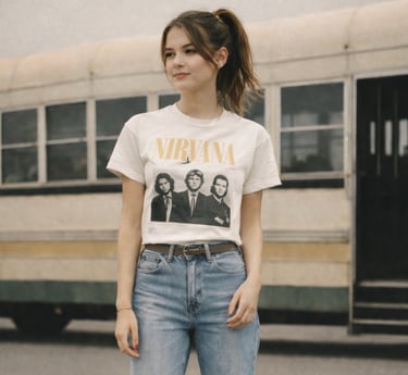 a woman in jeans and a t - shirt with a t - shirt that says