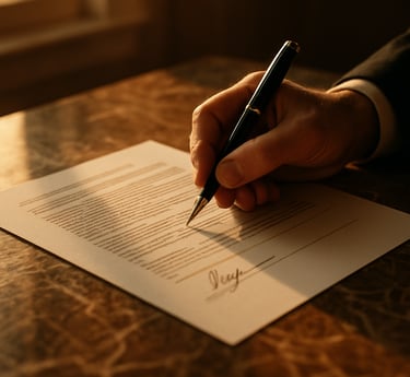 Warm editorial photography of a hand signing a structured legal document on a heavy marble table, golden-hour window light, sharp focus