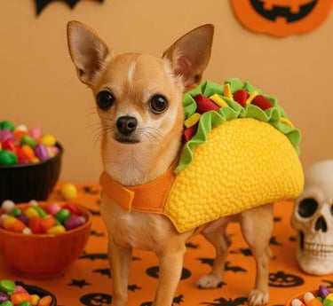 Un pequeño perro chihuahua con un disfraz de taco para Halloween, junto a calabazas