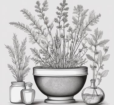 A small black-and-white line illustration of a calm herb sprig.