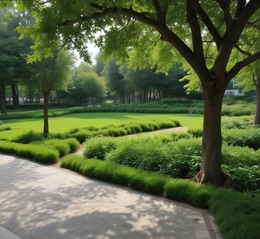 A serene morning scene with a person practicing yoga outdoors surrounded by lush greenery.