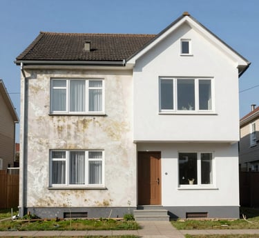 A friendly technician softly washing a home's siding on a sunny day.