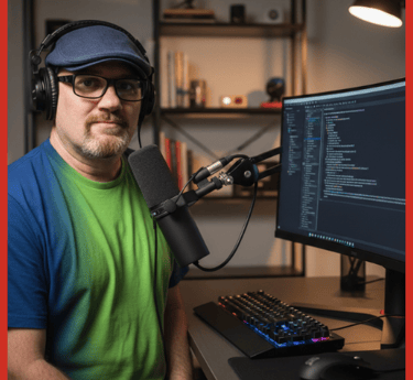 A male  podcast with a professional microphone, headphones, and code on screen.
