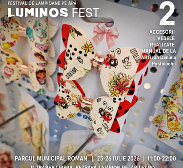 Handmade ladybug and floral pattern hair bows displayed at the Luminos Fest in Roman Municipal Park.
