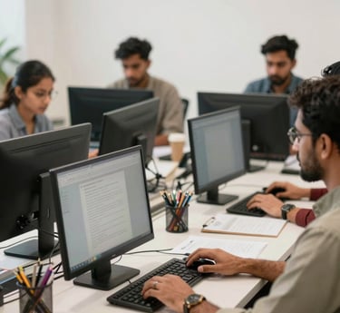 A professional office environment with a diverse team collaborating over a project, symbolizing commitment and teamwork.