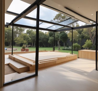 A skilled builder carefully framing a modern double-storey home under a clear blue Sydney sky.