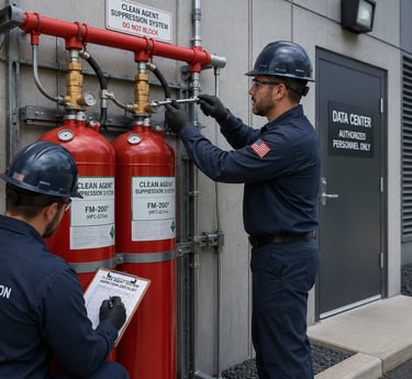 Fire Fighter Products technicians servicing a commercial clean agent fire suppression system