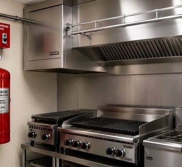 Commercial kitchen fire suppression system installed in a commercial kitchen