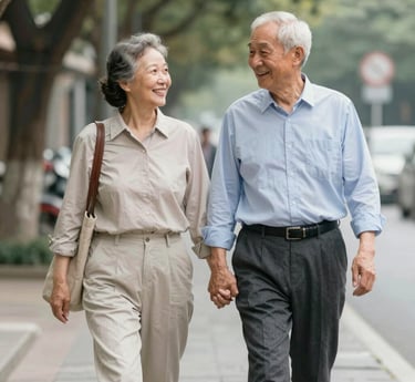 A warm, sunlit living room where a smiling caregiver gently assists an elderly woman with a cozy blanket.