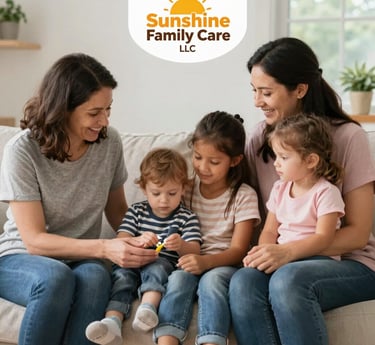A gentle caregiver sharing a heartfelt smile with an elderly client in a sunlit, cozy living room.