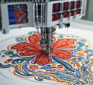 Close-up of a skilled artisan stitching a detailed embroidery design on fabric.