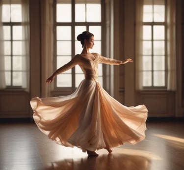 A graceful dancer performing traditional oriental dance in a softly lit Parisian studio.