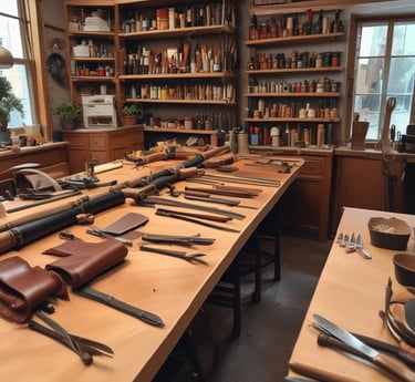 Professional leatherworking workshop featuring hand tools and craft supplies on wooden workbenches.