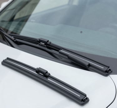 A close-up photo showing a modern car's headlight shining brightly next to a sleek windshield wiper.