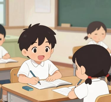 A lively classroom scene with students enthusiastically practicing Japanese characters and phrases.