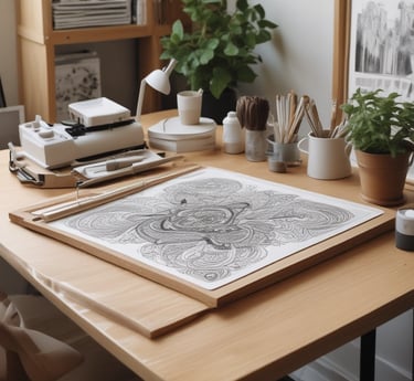 A creative workspace with colorful design sketches and publishing tools scattered on a wooden desk.