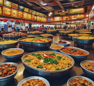 A colorful street food stall adorned with Madhubani art panels, bustling with customers enjoying traditional Indian snacks.