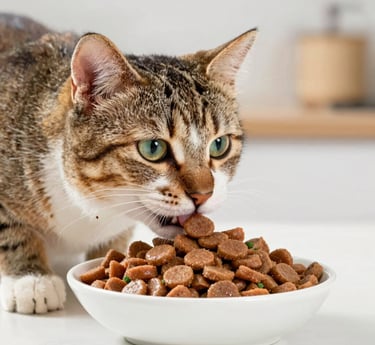 A clean split-screen comparison showing dry cat kibble on the left with negative icons and fresh Michimiau cat food on the right with positive icons.