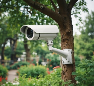 A friendly technician installing a home security system in a cozy living room.