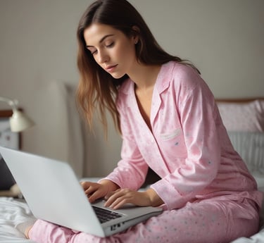 A confident white American entrepreneur working focused at a sleek home office desk with a laptop and analytics charts.