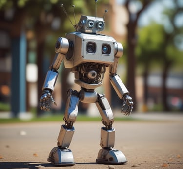 A shiny, futuristic robot mid-twerk with colorful spotlights highlighting its playful moves.