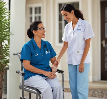 A warm home care nurse assisting an elderly patient in a cozy living room setting.