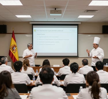 Elegant international scientific meeting showing diverse experts collaborating in gastronomy and nutrition research.