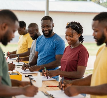 A group of African American individuals engaging in hands-on skilled trades training outdoors, smiles showing hope and determination.